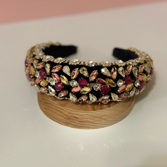 Two Tone Pink and White Rhinestone Black Velvet Headband - Picture 8 of 9